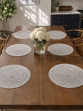 Set of 6 Round Crochet-Style Placemats in Light Gray